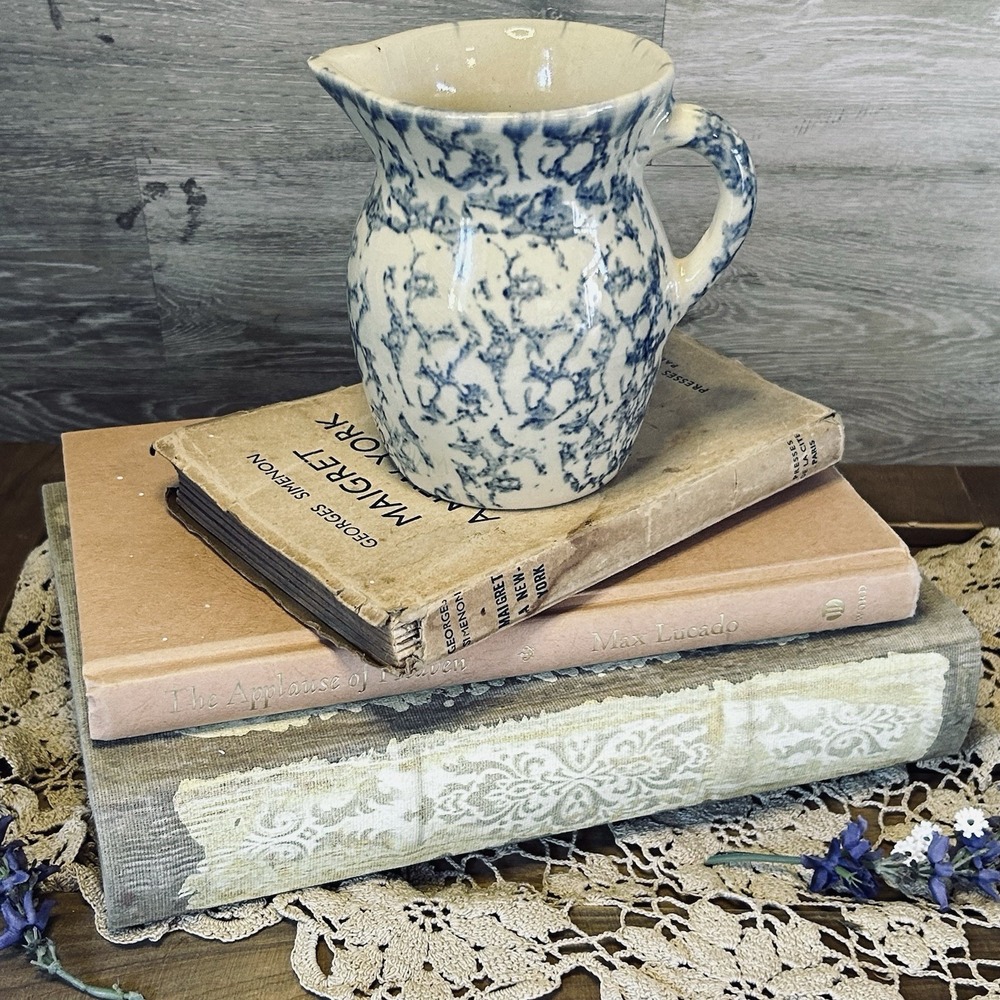 Vintage Robinson Ransbottom Stoneware Jug Blue Splatter Spongeware 1 Qt Pitcher